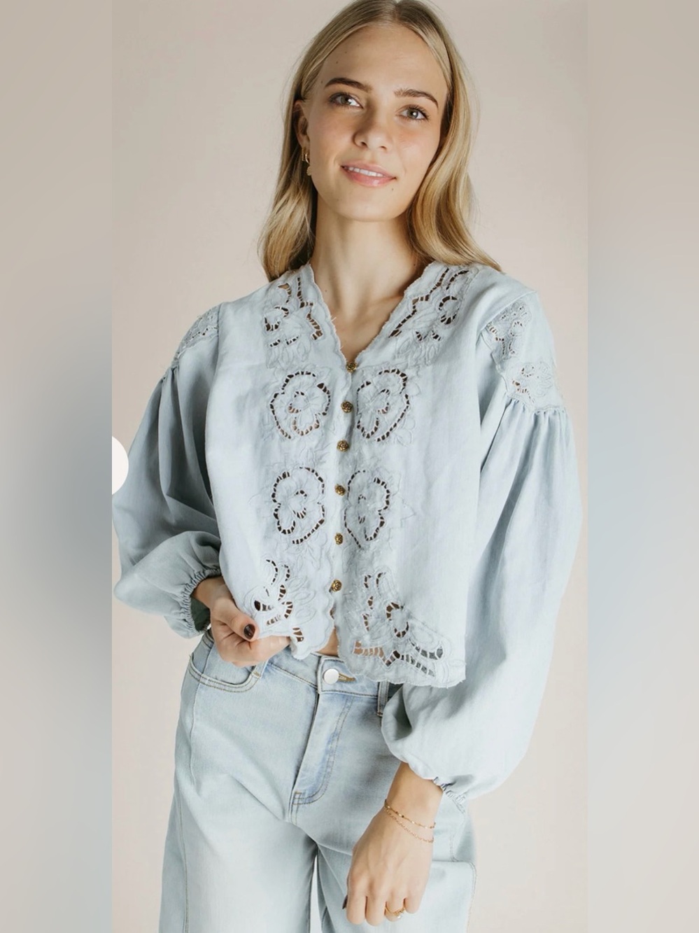 Calypso St. Barth Sanborn embroidered blouse in light denim 100% cotton
